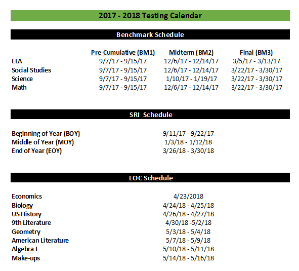2017-2018 Testing Schedule - MCHS...where every student matters.